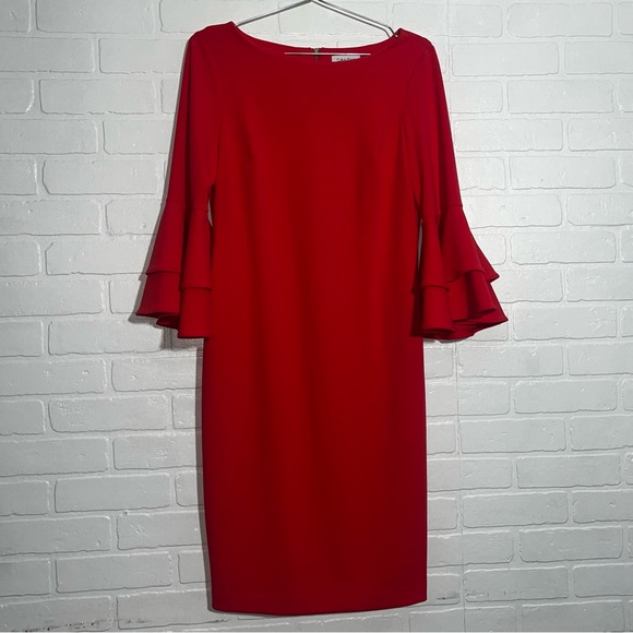 Calvin Klein Ruffled Bell Sleeve Sheath Dress Round Neck Formal Career Like New - Picture 2 of 16